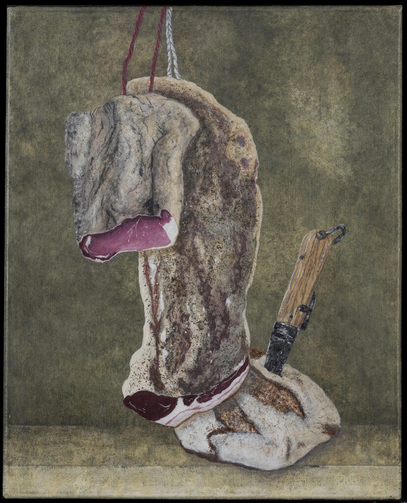 2 saucissons, verre de vin et pain : Acrylique sur châssis 33 cm x 41,5 cm Année 2025