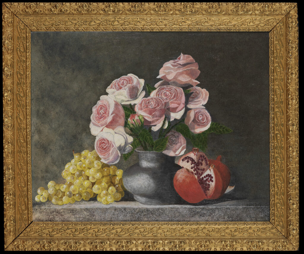 Roses, raisin, grenades : Acrylique sur châssis 40 cm x 50 cm Année 2023