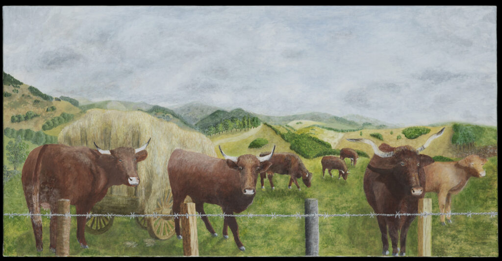Troupeau de Salèrs sur les plateaux ardèchois : Acrylique sur châssis 40 cm x 80 cm Année 2025